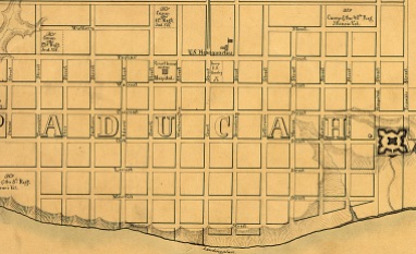 A close up view of the Rziha Map of Paducah, Dec 1861, Wikimedia Commons.